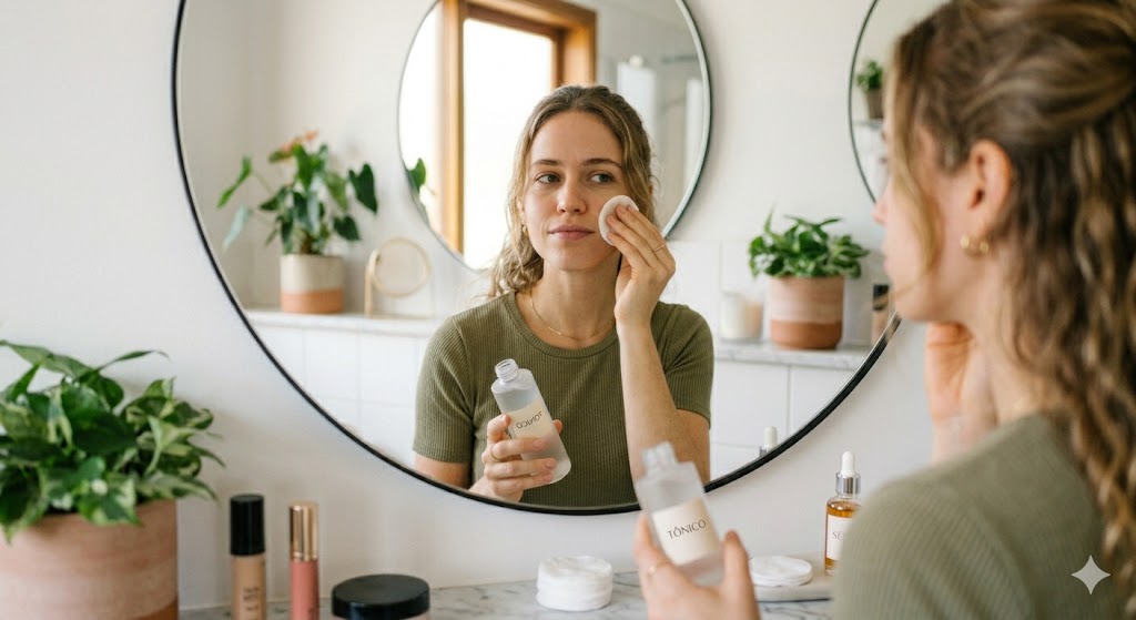  Diferença entre sérum e tônico :Mulher usando tônico