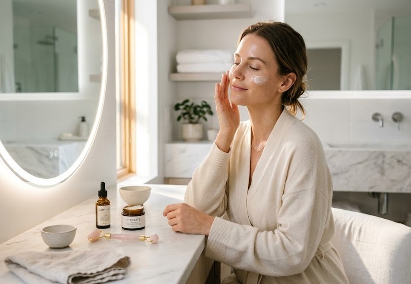 Mulher fazendo sua  Rotina coreana para pele sensível