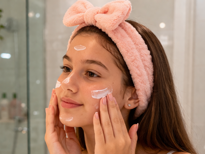  Adolescente fazendo  sua rotina coreana para pele com acné.