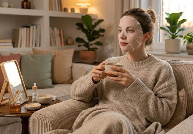Mulher tomando um chá com sua mascára de Rotina coreana para pele sensível.