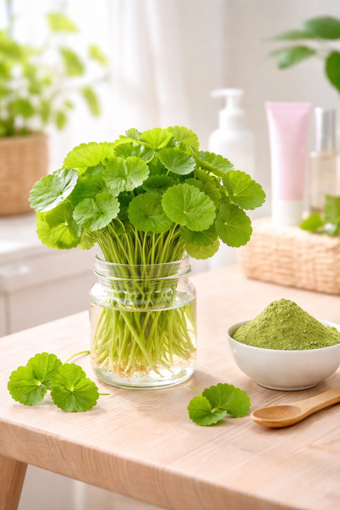 Folhas de  centella asiática sobre a mesa.