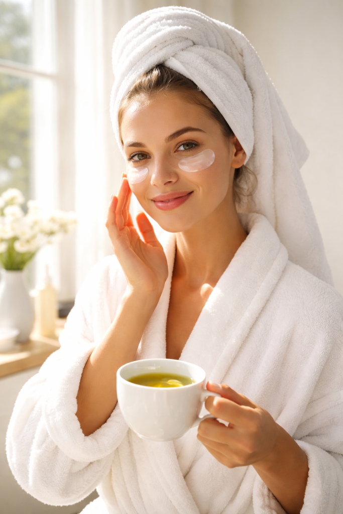 Mulher plena tomando um chá e fazendo seu Skincare coreano com regularidade.