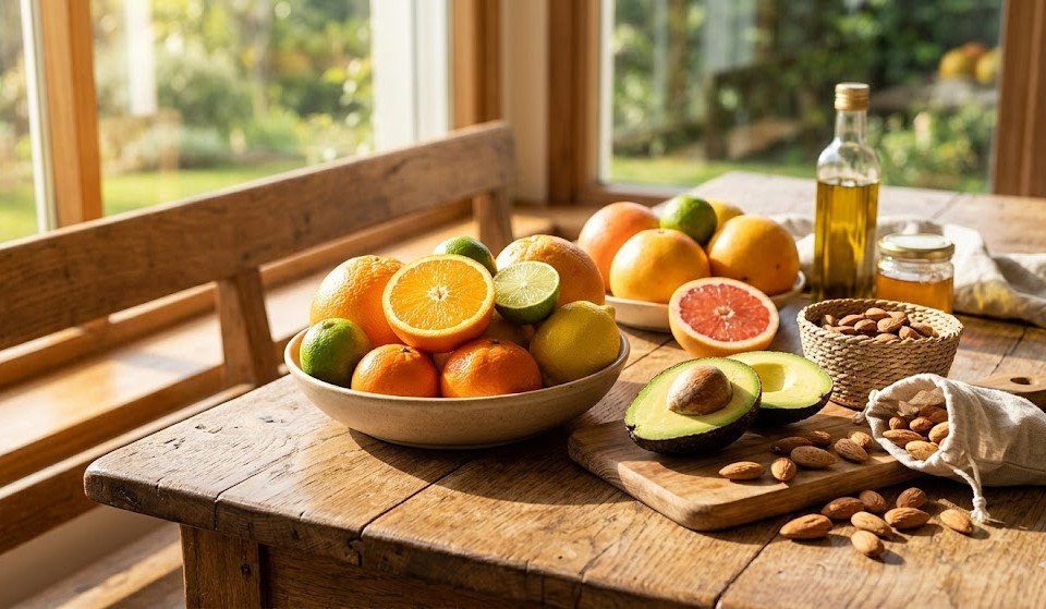 A impotância das vitaminas para a pele como frutas cítricas, abacate e amêndoas