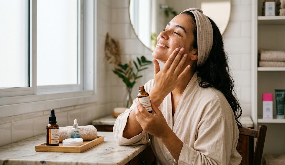 Mulher aplicando sérum com vitamina C no rosto durante rotina de skincare coreano