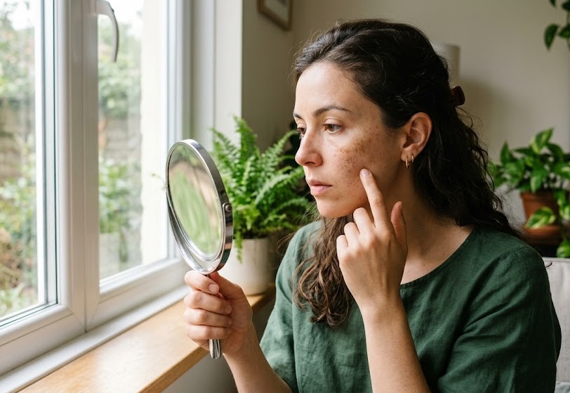 Mulher observando manchas marrom na pele do rosto em frente à luz natural