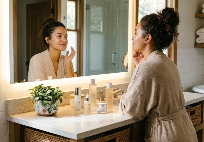  Mulher com a pele luminosa  após esfoliação coreana