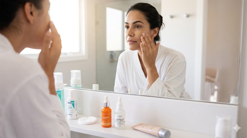 Mulher fazendo uso de protetor solar diário facial continuamente