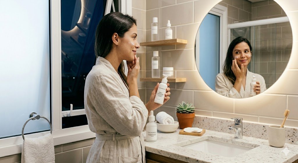 Mulher aplicando protetor solar diário com vitaminas antioxidantes na rotina matinal