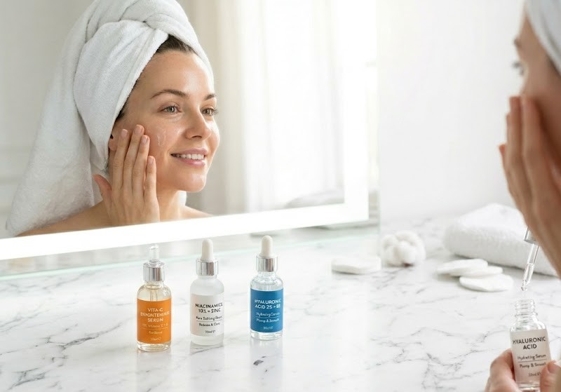 Uma jovem senhora fazendo sua rotina matinal com vitamina c