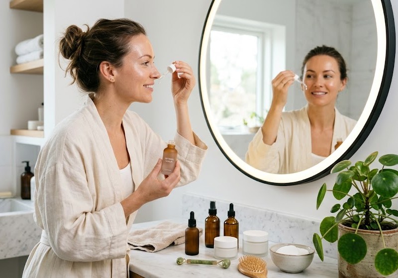 Rotina noturna coreana com sérum .