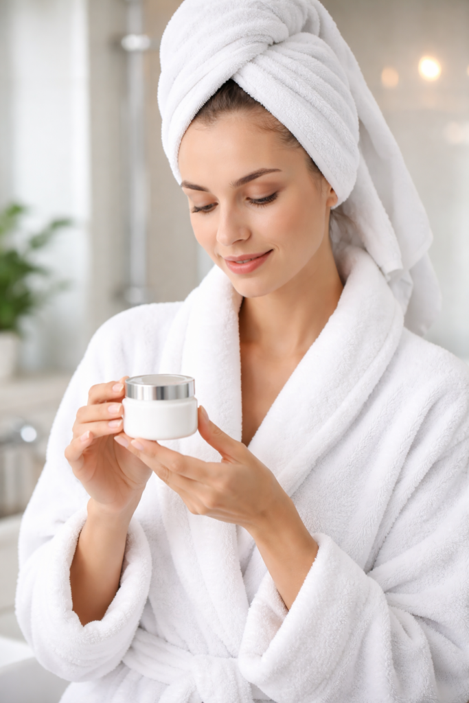 Mulher atenta lendo a composição de seu creme para Skincare diário.