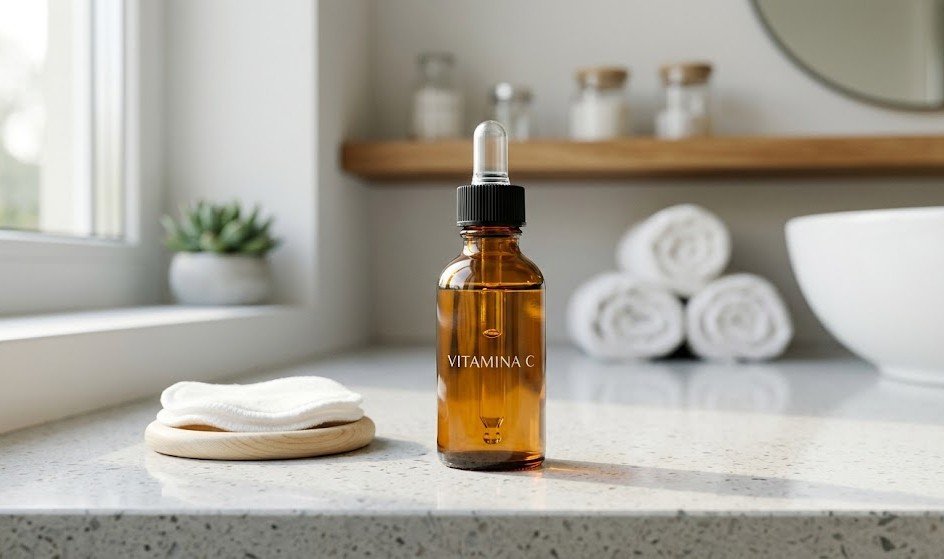 Sérum de vitamina C coreano em vidro âmbar sobre bancada de skincare